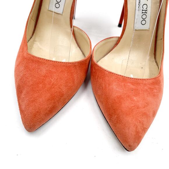 Jimmy Choo Lucy Pumps Peach Orange Suede Pointed Toe Ankle Strap Heels Sz 36 / 6 - Picture 4 of 9